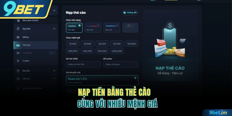 Nạp tiền bằng thẻ cào cùng với nhiều mệnh giá
